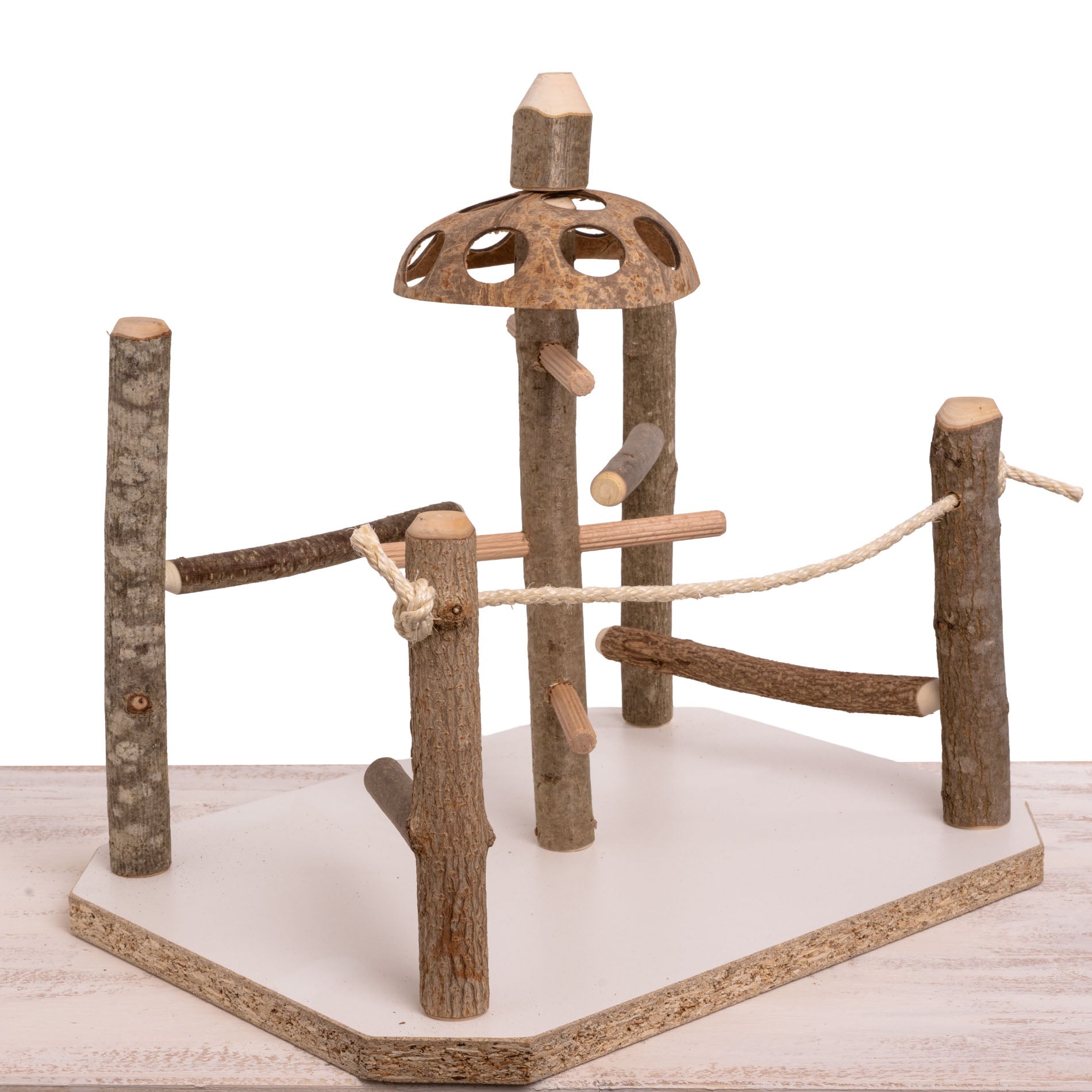 rico-s-futterkiste-klettergarten-sittich-freisitz-holz-mit-kokosdach image 2